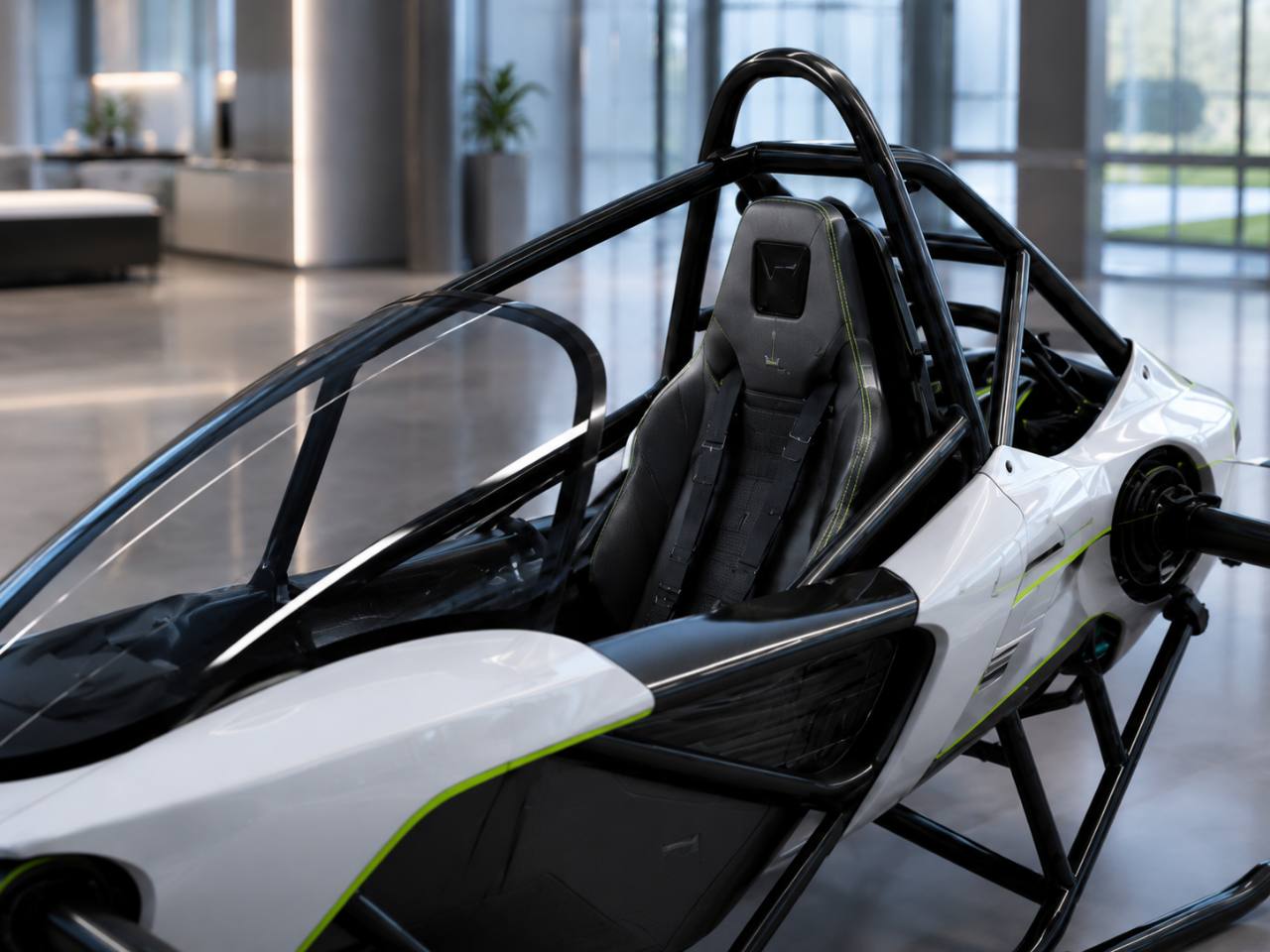 Close view of the CIITCA eVTOL cockpit, seat, harness, canopy, and protective frame