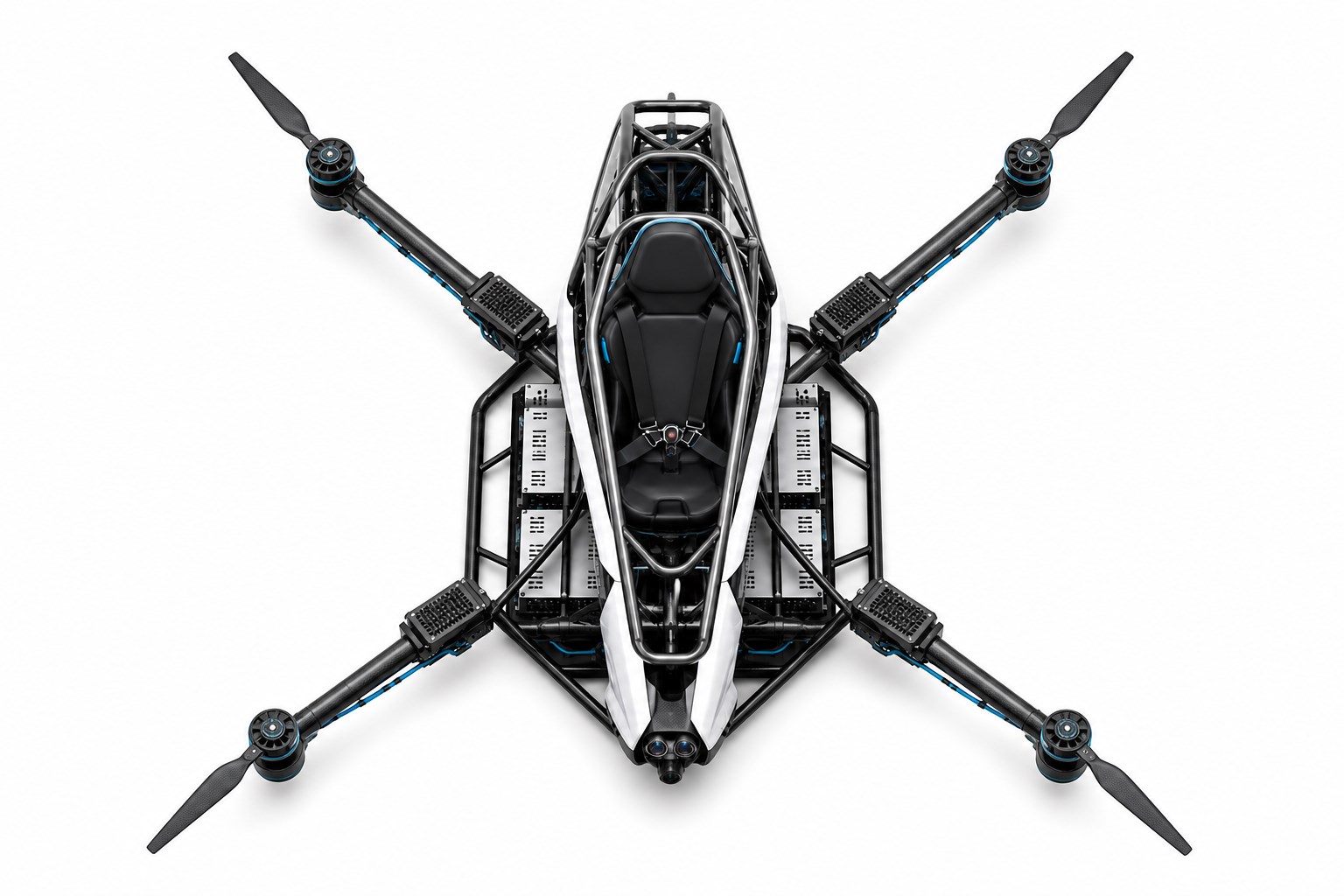 Original CIITCA four-axis eVTOL top view concept showing four motors, tubular frame, battery modules, and controller locations