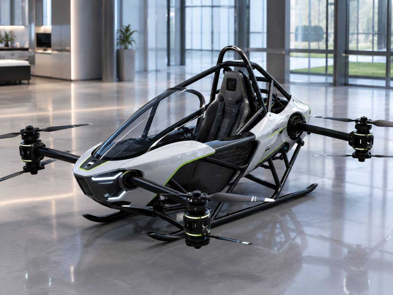 White CIITCA personal eVTOL shown from the front in a bright showroom