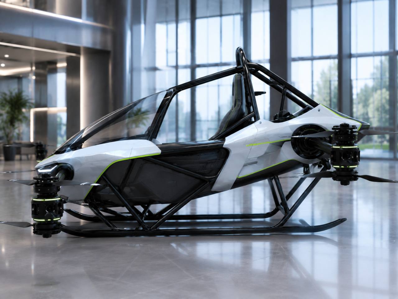 Side profile of a white CIITCA eVTOL showing its tubular structure, cockpit, motors, and landing skids