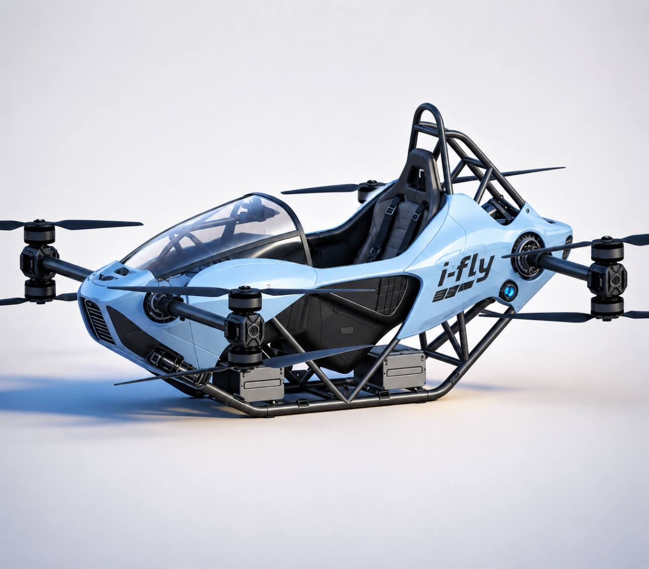 Light blue personal eVTOL concept displayed against a clean studio background
