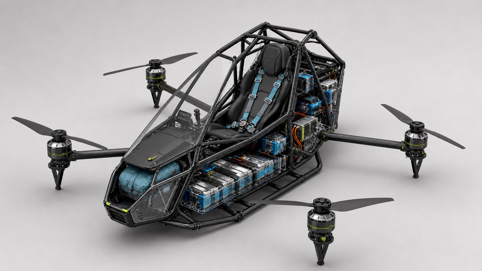 Original CIITCA four-axis eVTOL cutaway concept showing cockpit, batteries, controllers, wiring, frame, and four corner motors