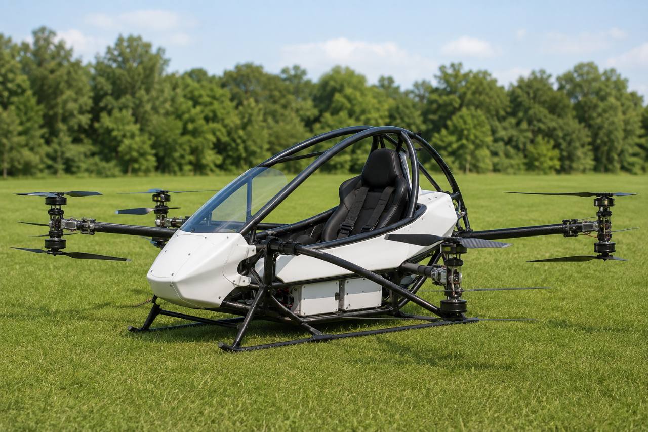Advanced CIITCA eVTOL with white body panels displayed on a grass field