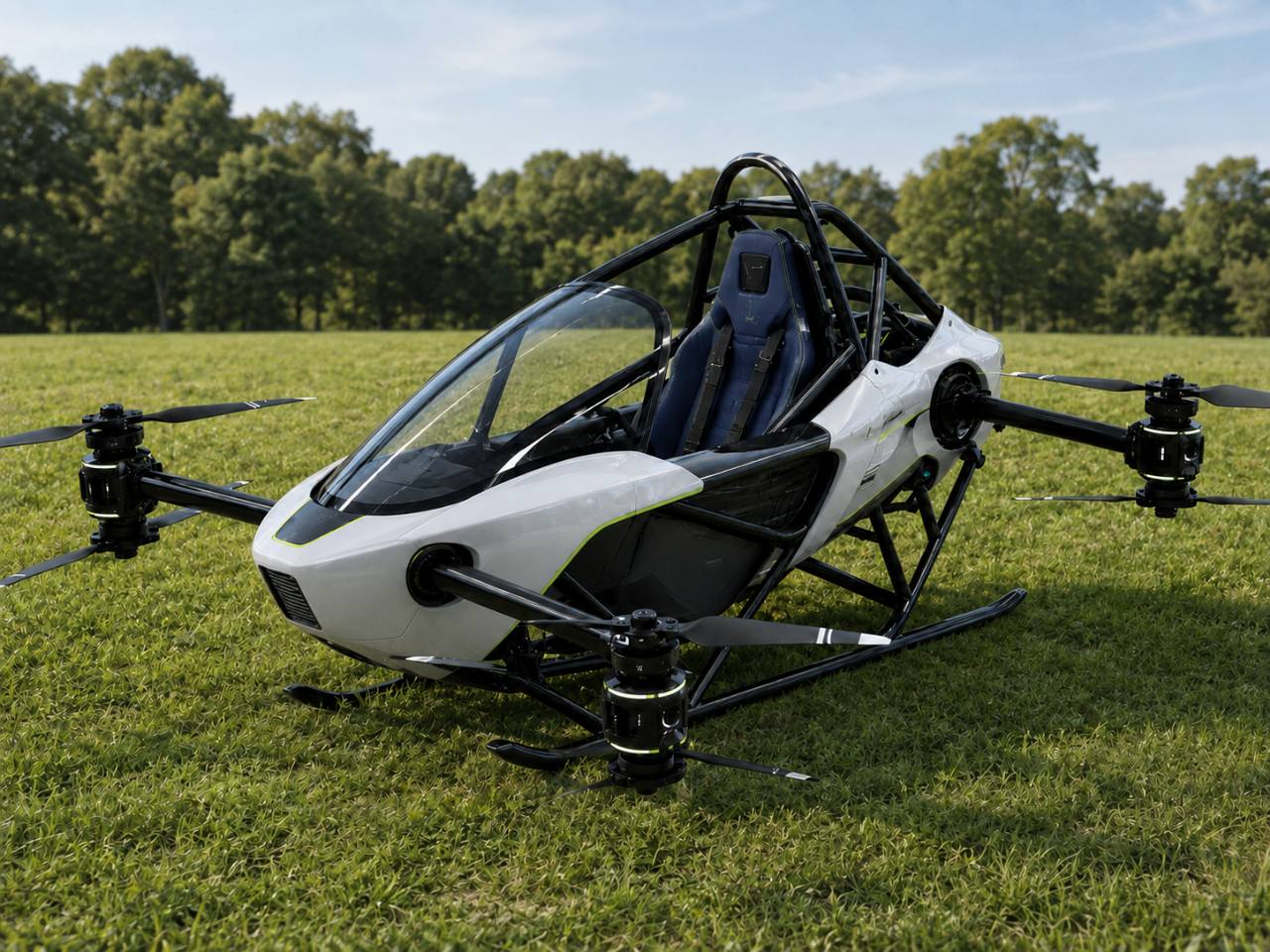 Luxury CIITCA eVTOL with enclosed nose and premium cockpit displayed on a grass field